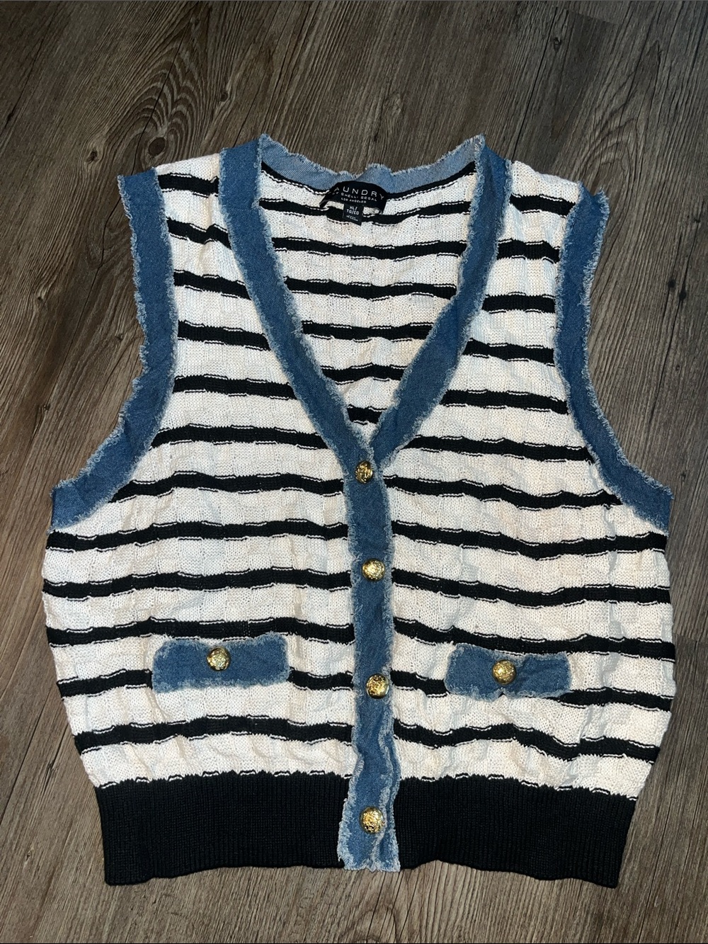 LAUNDRY BY SHELLI SEGAL White & Black Striped Knit Vest with Denim-Blue Trim